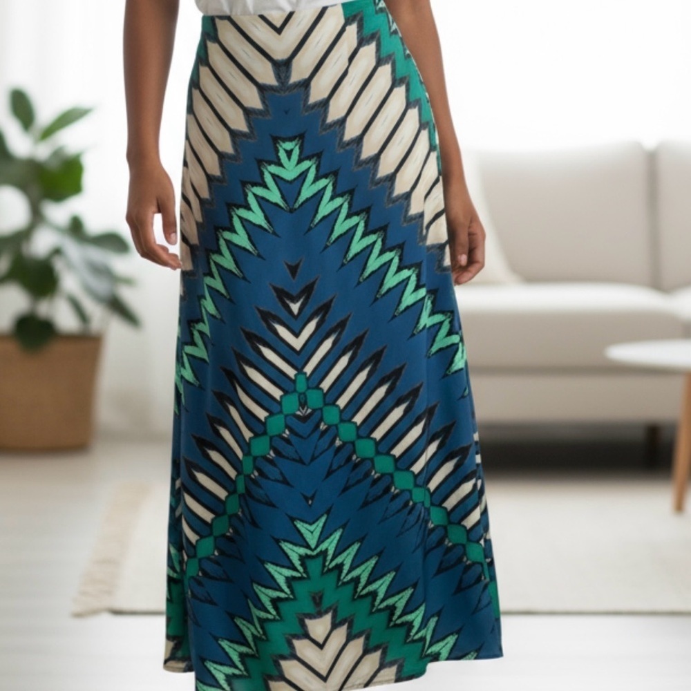 ECI New York Geometric Print Maxi Skirt Blue Green Stretch Boho Retro Size S